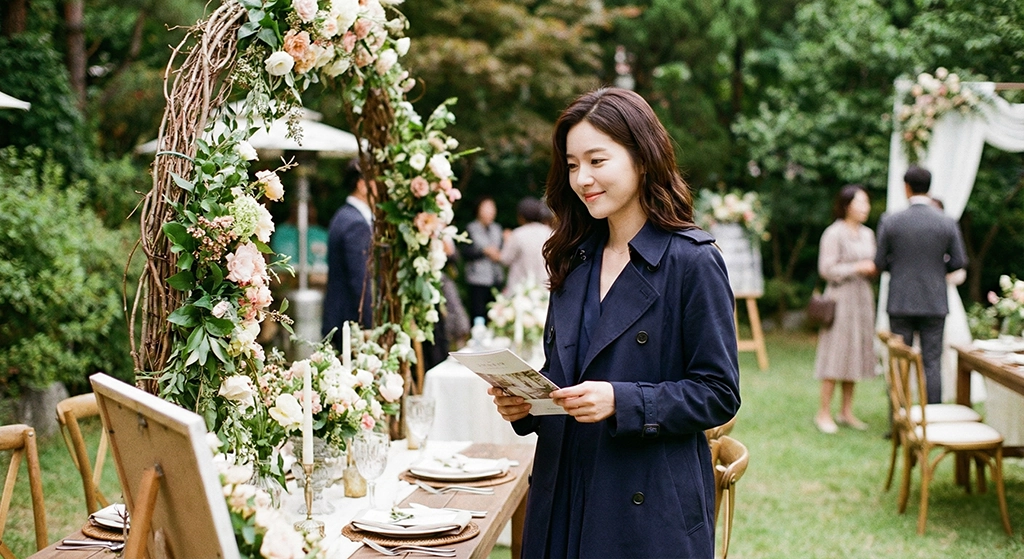 부산대구웨딩박람회 야외 부스에서 안내 책자를 살펴보는 예비신부